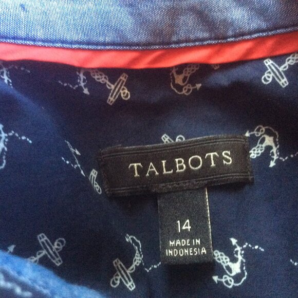 Talbots Navy Blue with White Anchor Print Nautical Long Sleeve EUC Shirt Size 14 - Picture 3 of 5